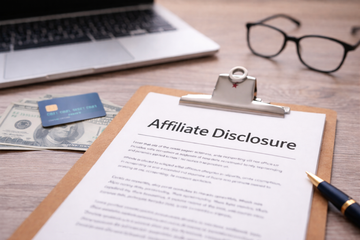 Affiliate disclosure image showing a clipboard with a transparent “Sponsored” label and a product review checklist